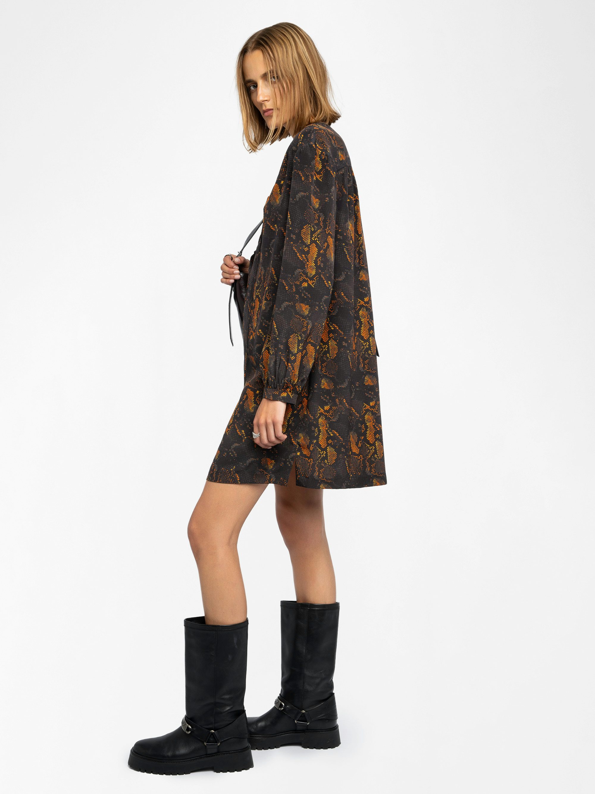 Ramela Dress 100% Silk - Short dress in printed silk, long balloon sleeves, deep neckline with lace-up.